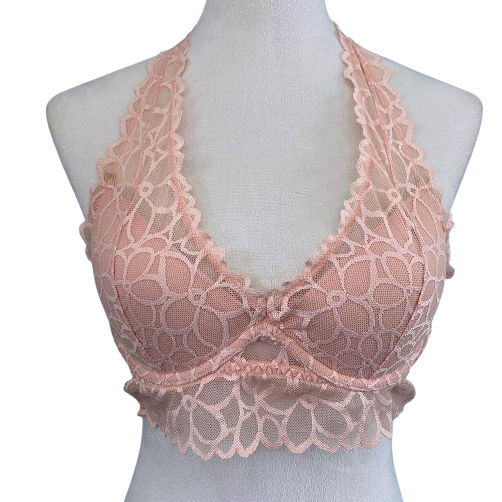 PINK Victoria's Secret Bralette Women S Peach Lace Halter Underwire Longline